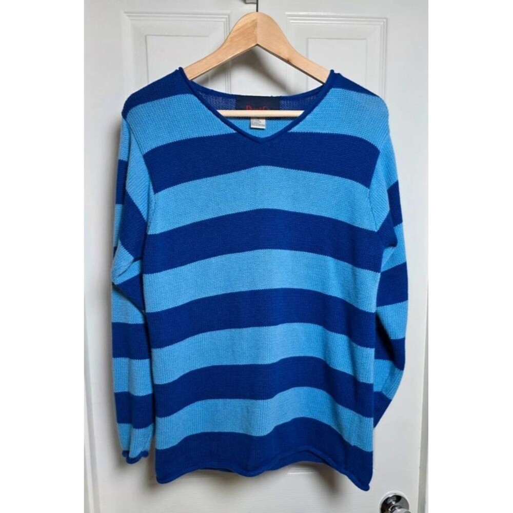 Vintage 90s Denim & Co Blue Striped Ramie Cotton V-Neck Sweater Medium